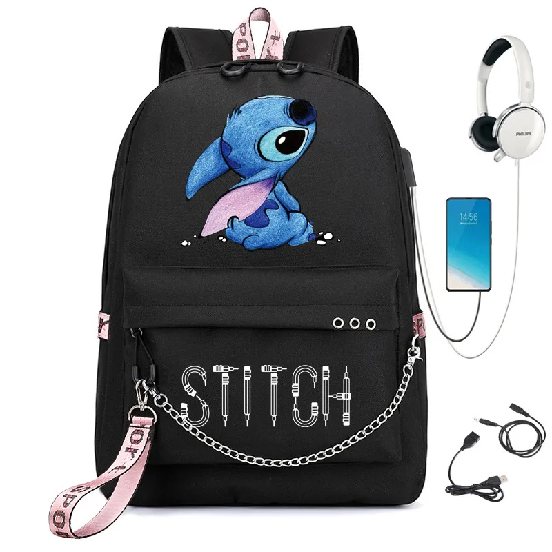 Kawaii Stitch Backpack USB School Bags Mochila Women Girls