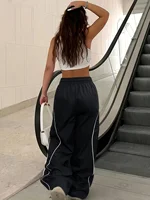 Y2K Casual Striped Contrasting Elastic Waist Workwear Parachute Pants Women's Mid-Rise Drawstring Wide Leg Loose Fit Cargo Pants - Image 2