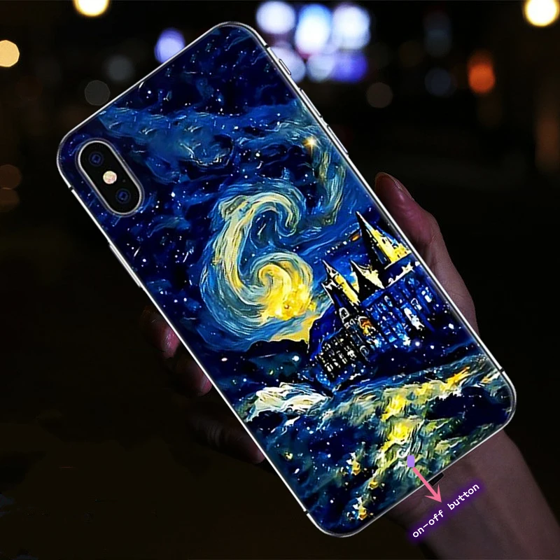thumbnail image 1 of Botón de encendido y apagado, funda de Flash DE LUZ DE MONTAJE estético artístico para iPhone 14 15 Plus 13 12 11 Pro Max X XR XS, funda de cristal luminosa con paisaje, 1 of 5