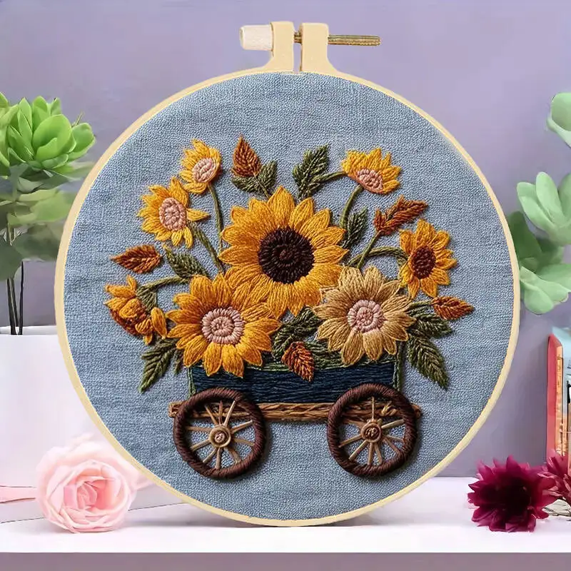 KARMOGSO Kreuzstich-Set „Sonnenblumen“ – 3 Stück, 30,5x40,6 Cm, Inkl. Stoff, Baumwollfäden & Nadeln, Für Anfänger