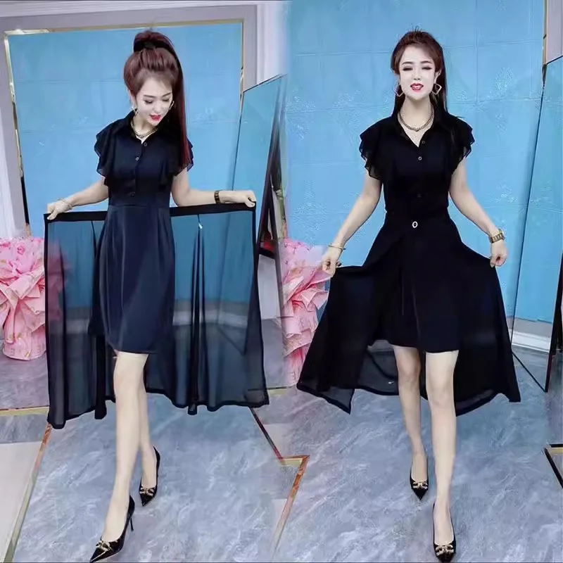 Fashion Dress Set Women's 2024 Summer New Polka Dot Style Sweet and Slim Ruffle Dress+Apron Two Piece Set Black V-Neck Dress Lad