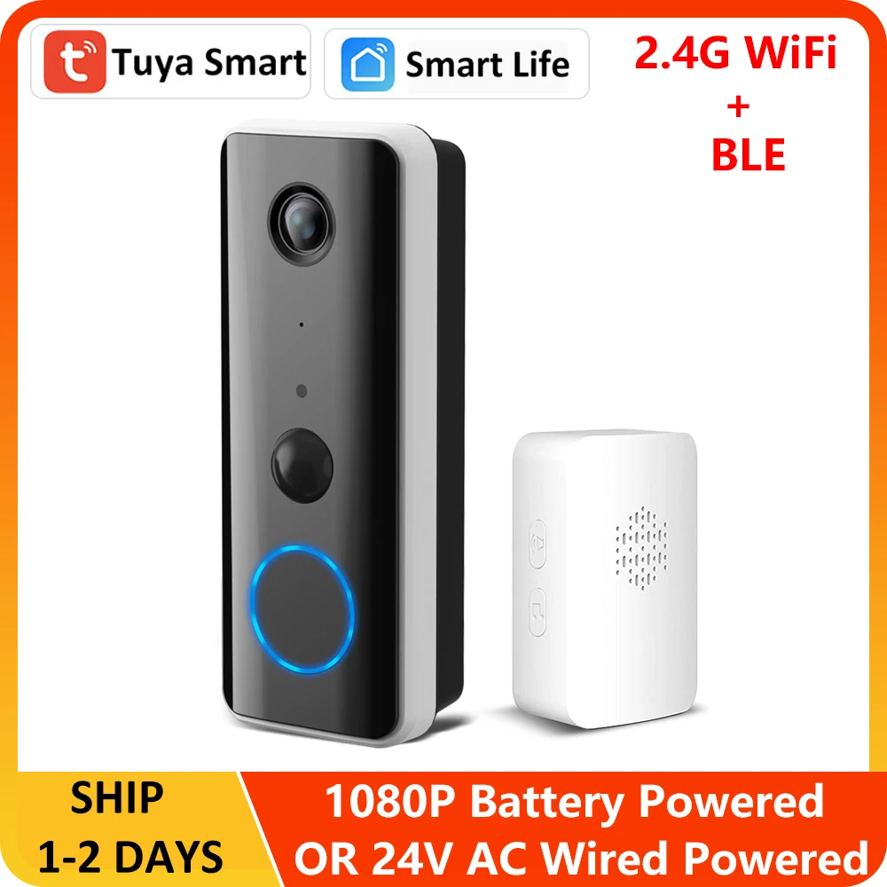Video Doorbell Camera 1080P 5200mAh Battery 24V AC Wired 145&deg; Bluetooth Link Outdoor Leave Message Alexa Google WiFi Tuya Smart wired doorbell