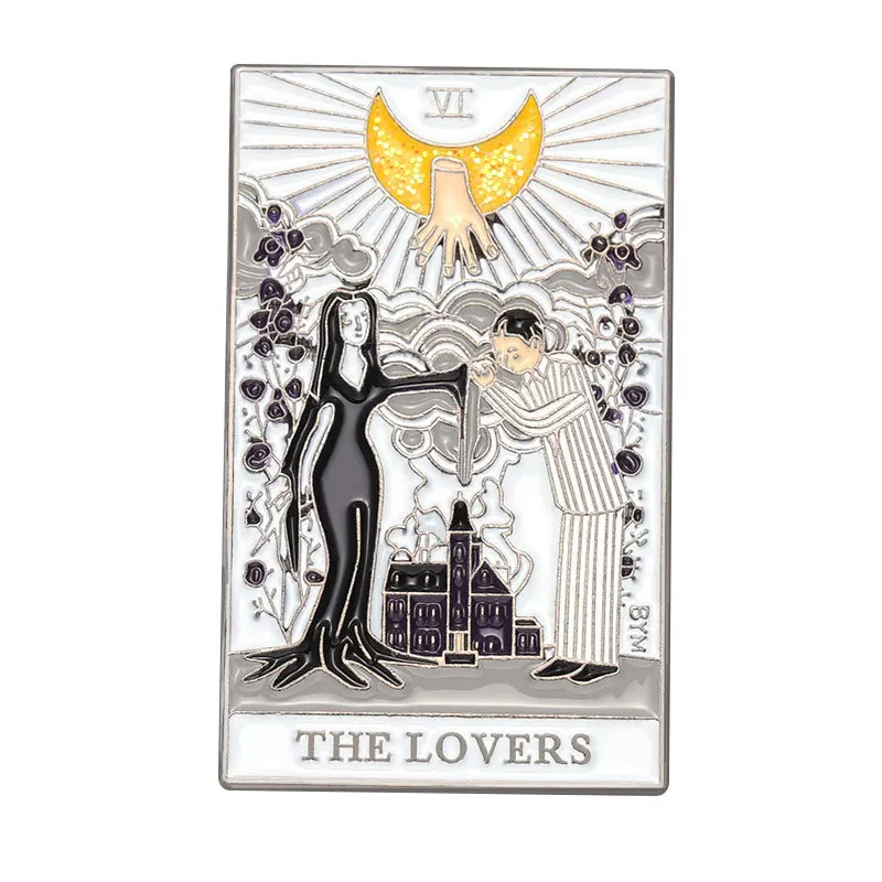 Comedy Tarot Card THE LOVERS Anime Brooches Gomez And Morticia Enamel Badge Pins Jewelry Gift Accessories