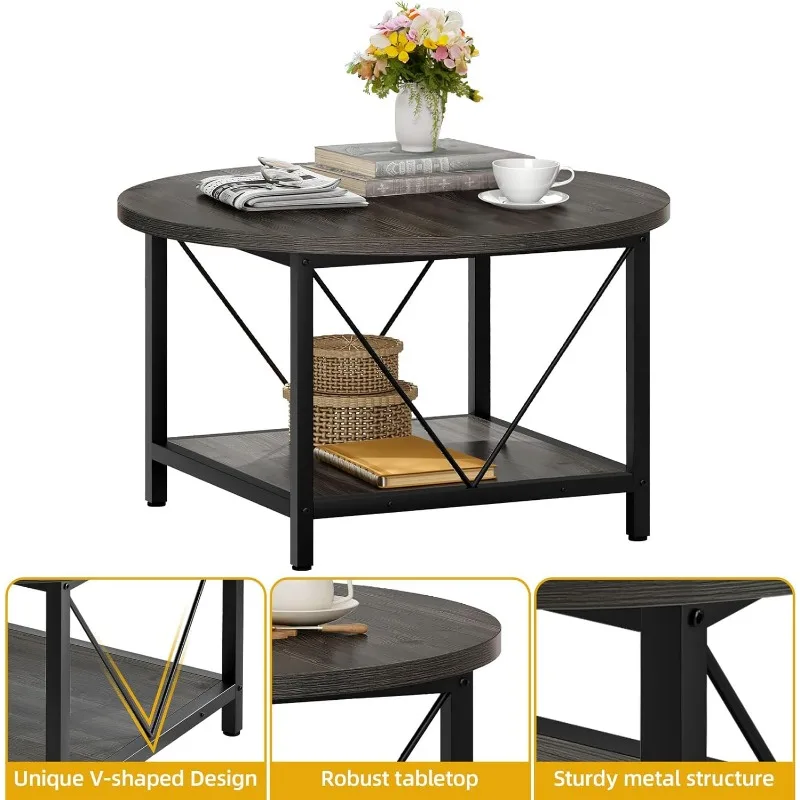 Round Coffee Table,  2 Tier Circle Table with Open Storage Shelf, Rustic Wood Coffee Table with Metal Frame, Easy Assembly 3