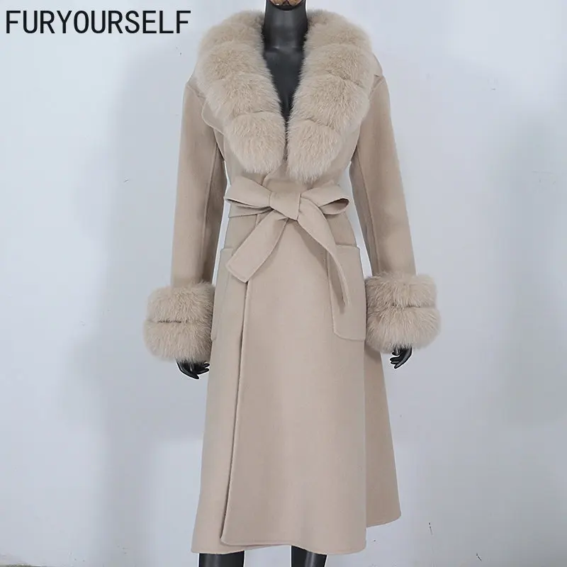 

FURYOURSELF 2023 New X-long Cashmere Wool Blends Real Fur Coat Belt Winter Jacket Women Natural Fox Fur Collar Cuffs Streetwear
