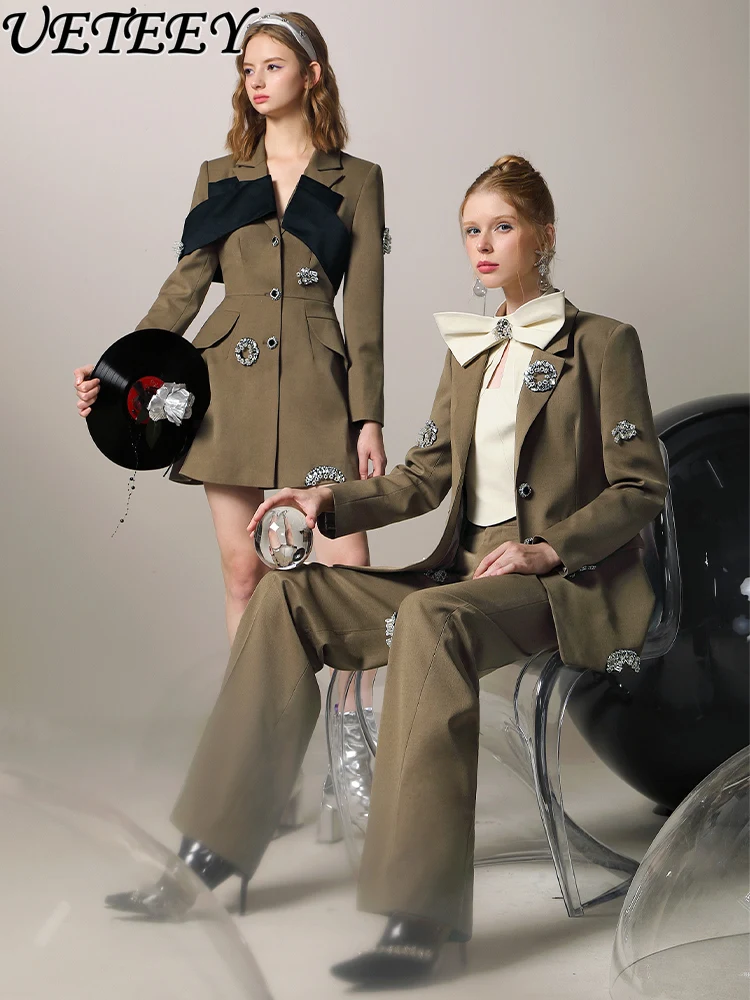 

2024 New Spring Designer Model Suit Cool Temperament Heavy Hot Drilling Blazer Coat High Waist Casual Wide Leg Pants 2 Piece Set