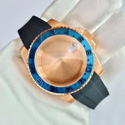 Rose Gold 40mm GMT SUB Watch Case with Silicone Strap and Sapphire Glass for 28.5mm (GMT Blue)