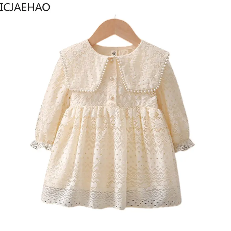 

2023 Infants Autumn New Dresses for Girl Elegant Lace Dress Junior Girls Korean Stylish In Beading Children Baptism Clothing