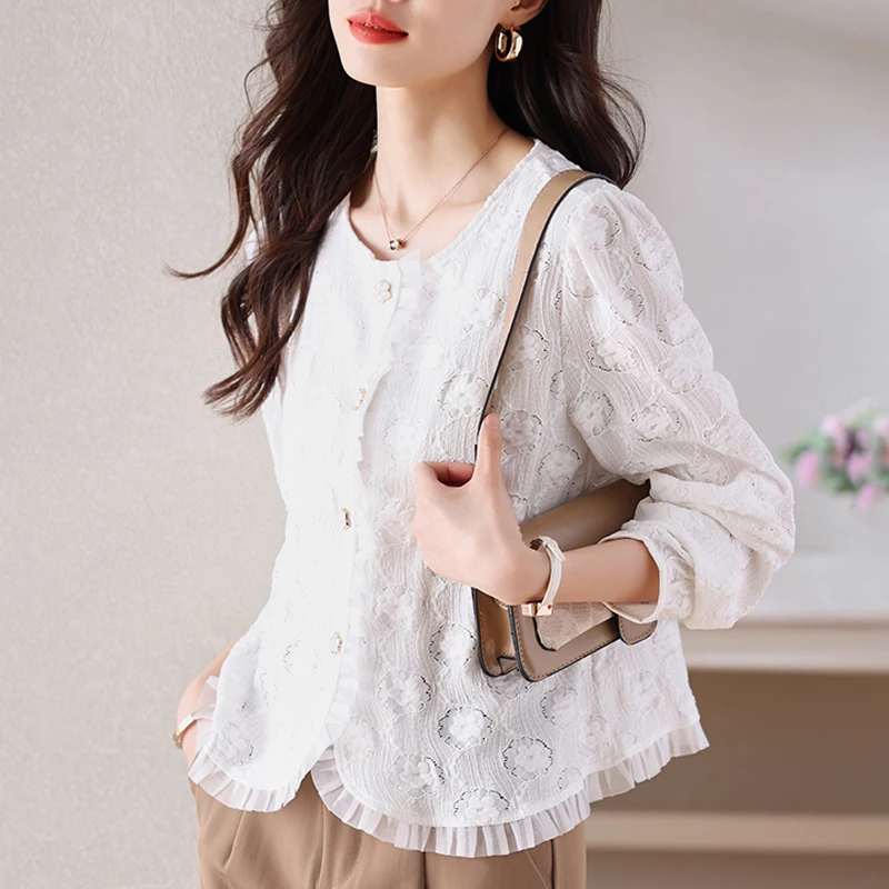 

Korean Fashion Crochet Chiffon Lace blouse Sweet Patchwork Cardigan Shirt Long Sleeve Women's Top Blusa