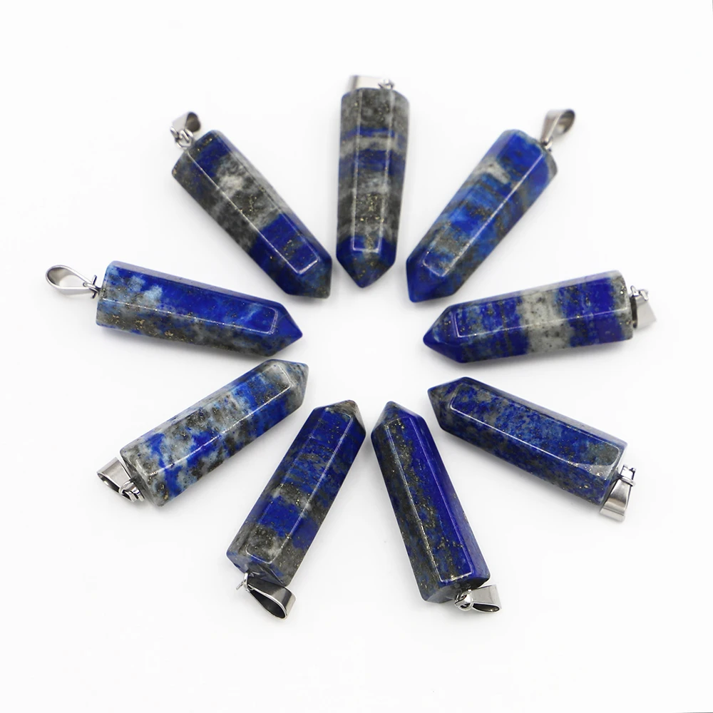 

12pcs/lot Natural Stone Lapis Lazuli Pillar Pendants Hexagonal Column Shape Reiki Charms Jewelry Making DIY Necklace Accessories