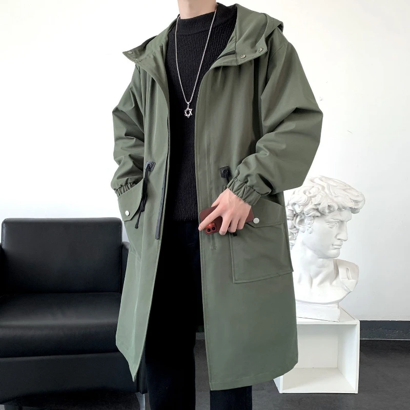 Spring Autumn Printing Hooded Long Sleeve Fashion Trench Man High Street Casual Loose Zipper Patchwork Pockets Cardigan
