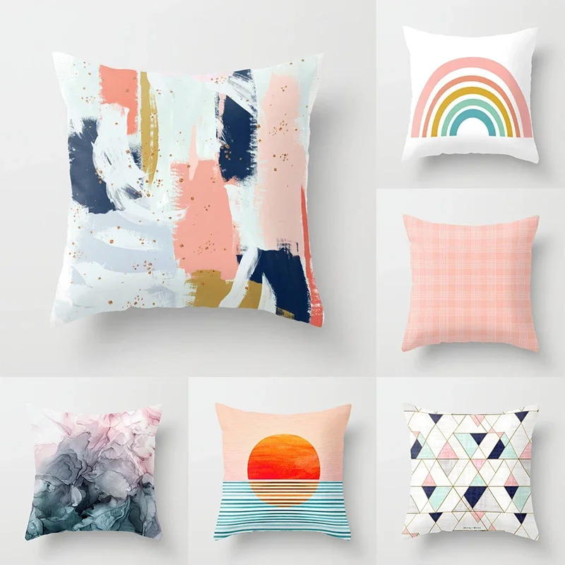 45*45cm Home Decoration Abstract Geometric Sunset Rainbow Pink Pillowcase Bed Living Room Sofa Office Seat Cushion Cover 1