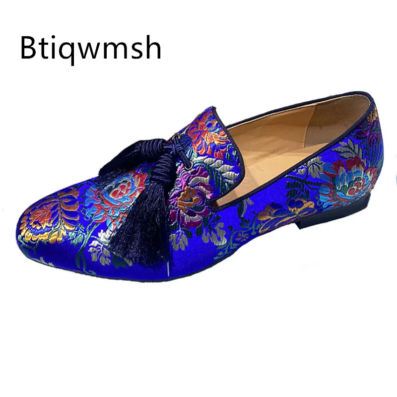 

Purple Flower Tassel Shoes Man Pointed Toe Luxury Satin Slip On Flats Male Fashion Party Shoes