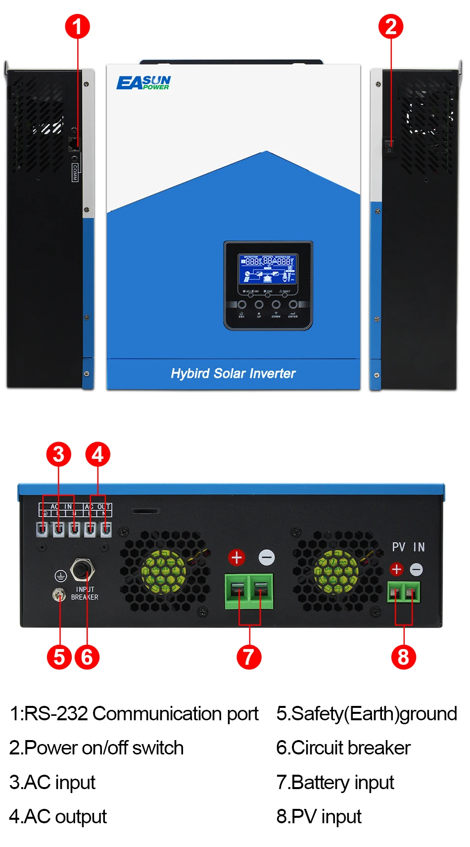 Description Picture 5 of itemEASUN POWER 2.2KVA 2000VA Hybrid Solar Inverter 12V 220V 50/60Hz Pure Sine Wave Hybrid Inverter 60A MPPT Solar Charge Controller