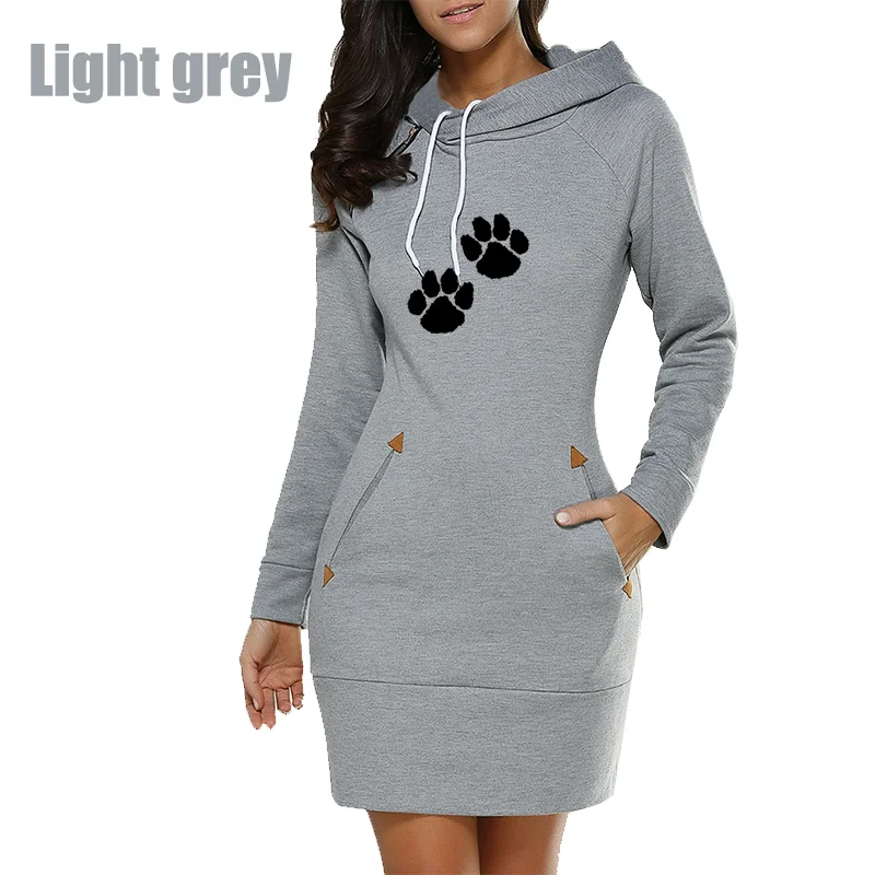 Women's Hoodies Dress Cat Paw Printed Spring Autumn Knee-length Dress Hooded Warm Fashion Casual Pocket Female Sweater Dress