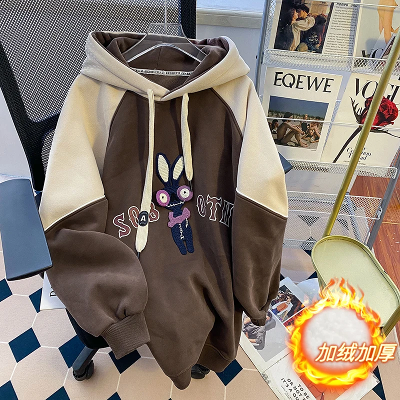 Contrasting Fleece Padded Hooded Sweatshirt Women's New Autumn and Winter Loose Design Jacket Thick Warm Embroidered Hoodies