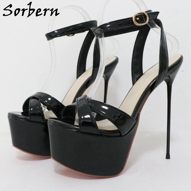 

Sorbern Black Glossy Sandals Women Slingback Ankle Strap Summer Shoes Platform Metal Stilettos Metal Heeled