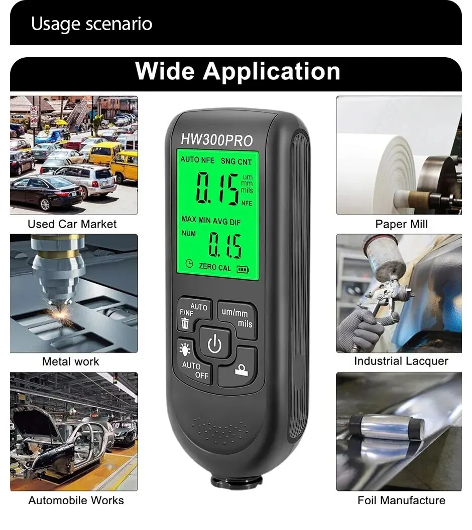 Paint Coating Meter Paint Thickness Gauge Thickness Gauge HW-300PRO Car Paint Film Automatic Thickness Gauge 0-2000UM Fe & NFe Coating Thickness Tester Manual Automotive Paint Tools