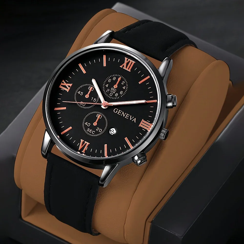 1pc Men's Black PU Strap Calendar Casual Quartz Watch
