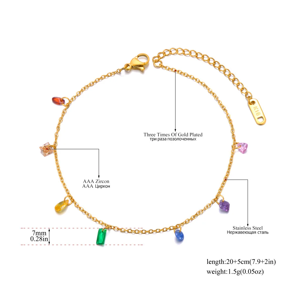Women Anklet Fashion Colorful Cubic Zirconia Stainless Steel Anklet For Women Waterproof Gold Color Chain Zircon Trendy Jewelry A24003