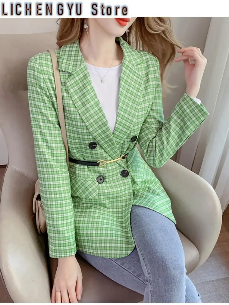 New Women Plaid Blazers Spring Fashion Green Jacket Coat Female Elegant Double Breasted Blazer with Belt Ladies Tops