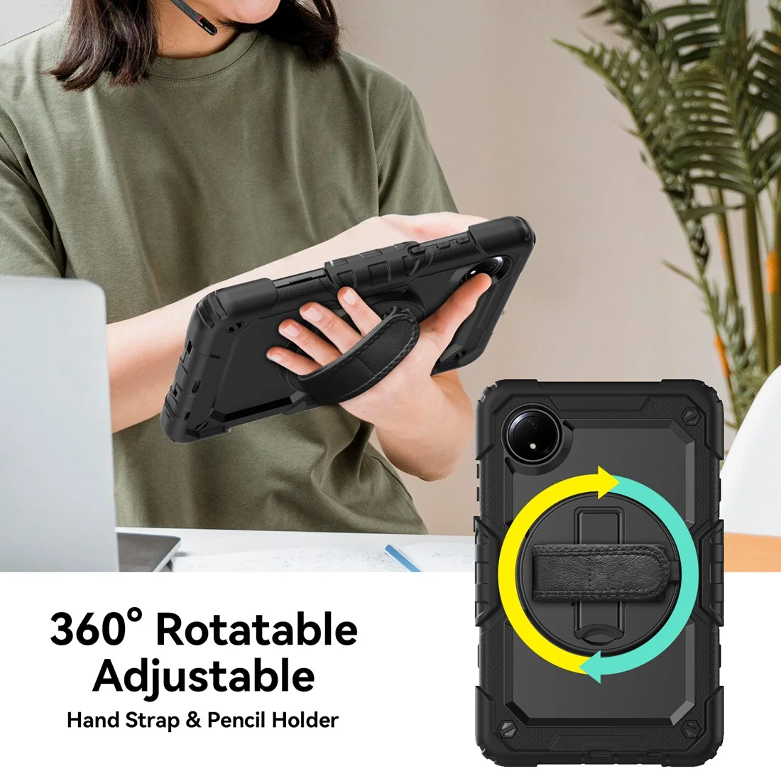 Heavy Duty Shockproof Case with 360° Rotating Stand and Hand/Shoulder Strap, Built-in Screen Protector