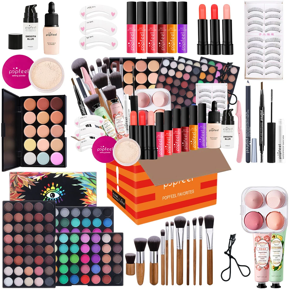 POPFEEL Juego de maquillaje multifuncional para mujer, kit cosmético completo para principiantes con paleta de sombras de ojos, lápiz labial, crema de manos