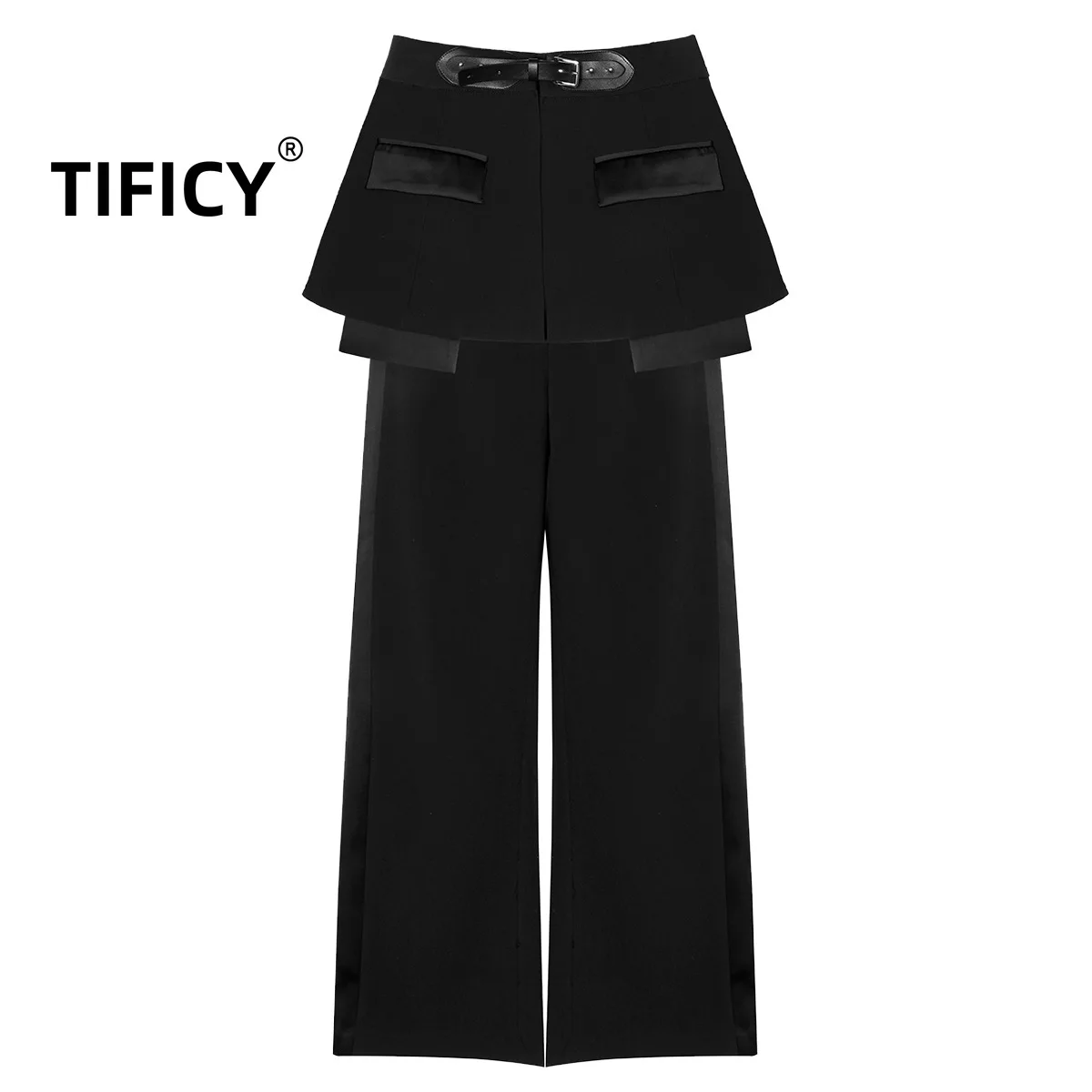 Tificy Leather Belt Short Skirt Waist Cover+with Drop Feel Wide Leg Pants Women's Two Piece Set  Black khazneh textured anti drop pu leather phone cover stand wallet case for huawei nova 9 red