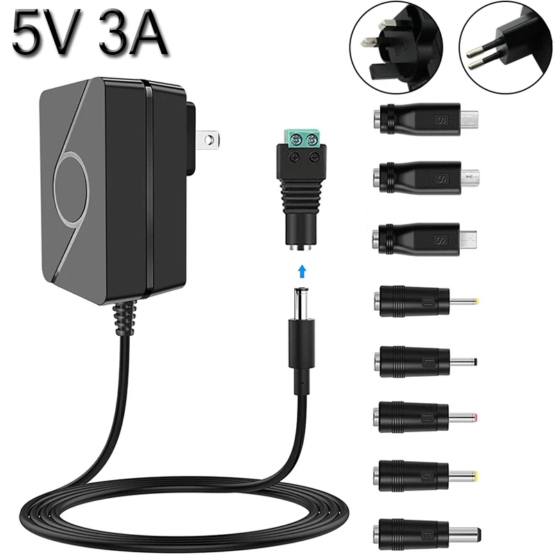 

5V 3A 15W Power Supply Cord with Multi DC Tips Wall Switching AC Adapter for Regulated 5.0V 3.0A 2A 1A Charger Transformer Plug.