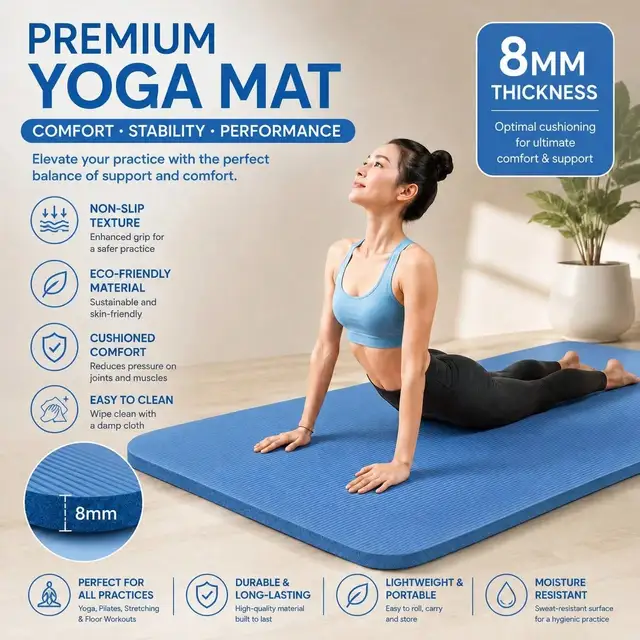 8mm Thick Premium Non-Slip Yoga Mat Cushioned Exercise Mat Lightweight Portable Fitness Mat For Yoga Pilates Stretching Floor Workouts Home Gym