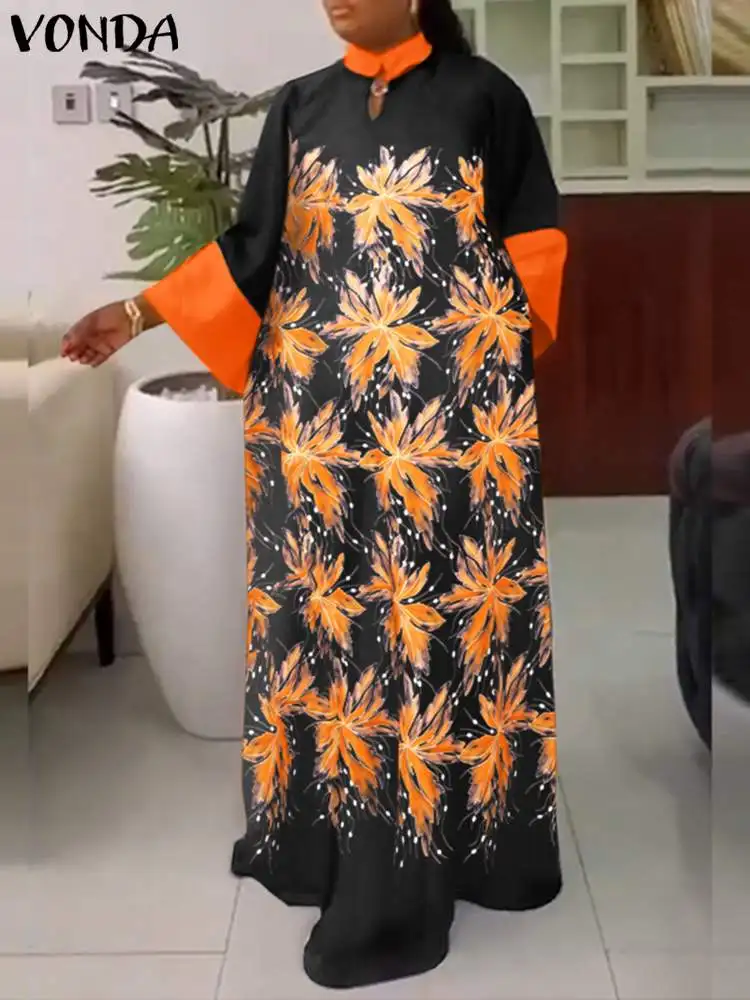 

VONDA Women Bohemian Party Dress 2023 Summer Stand Collar Flare Sleeve Maxi Long Sundress Floral Printed Casual Loose Vestidos