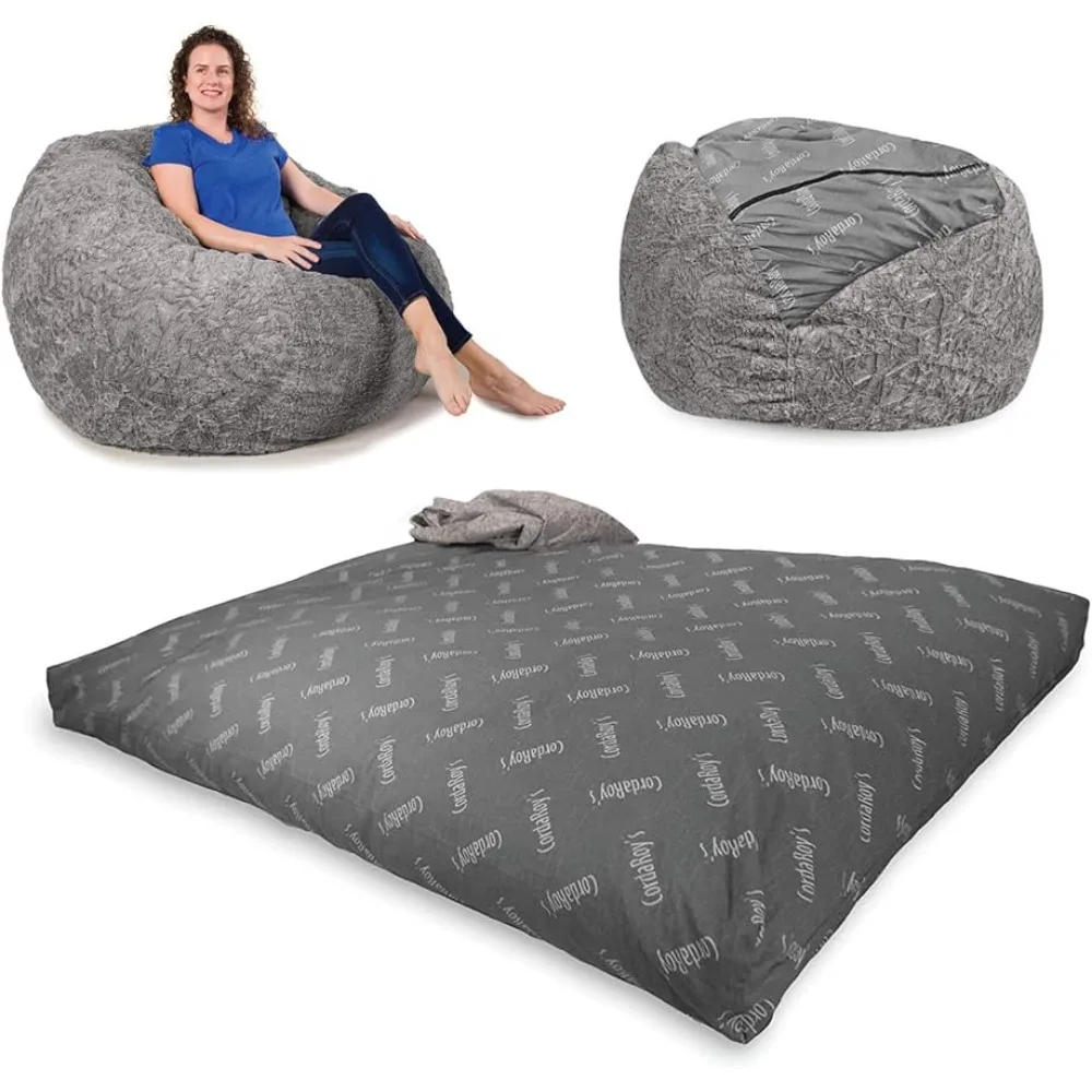 

Faux Fur Bean Bag Chair, Convertible Chair Folds from Bean Bag to Lounger, As Seen on Shark Tank, Grey - Queen Size