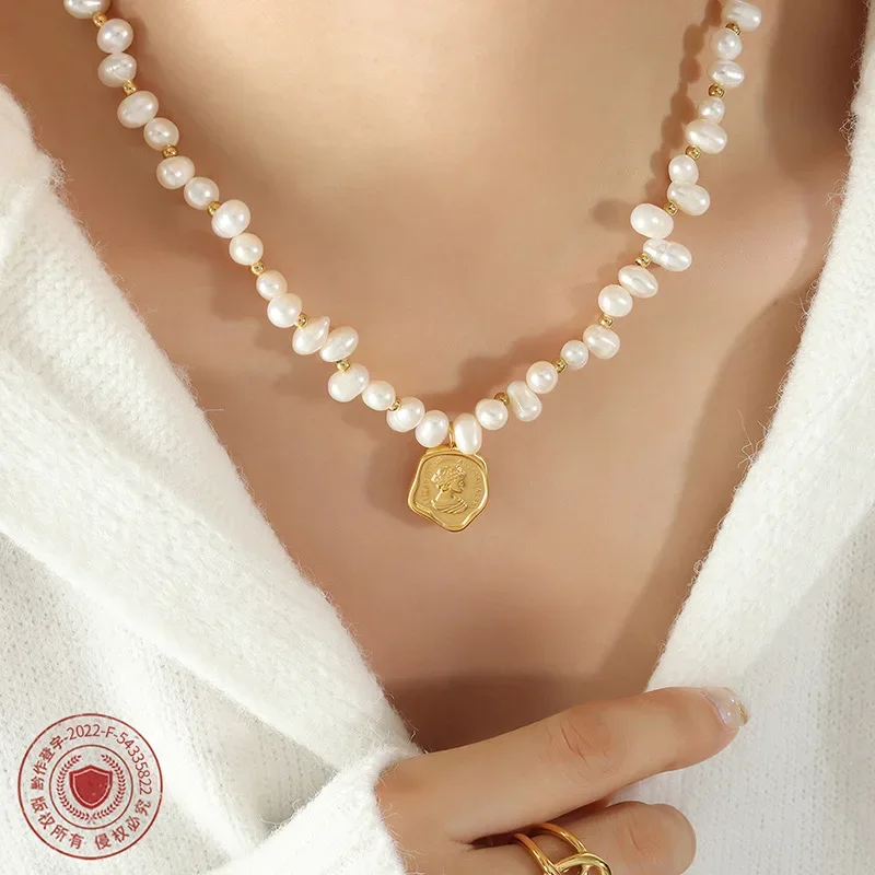 Nature Pearl Necklace For Women Titanium Steel Portrait Plate Spliced Irregular Pendant Necklace Original Design Jewelry Teen