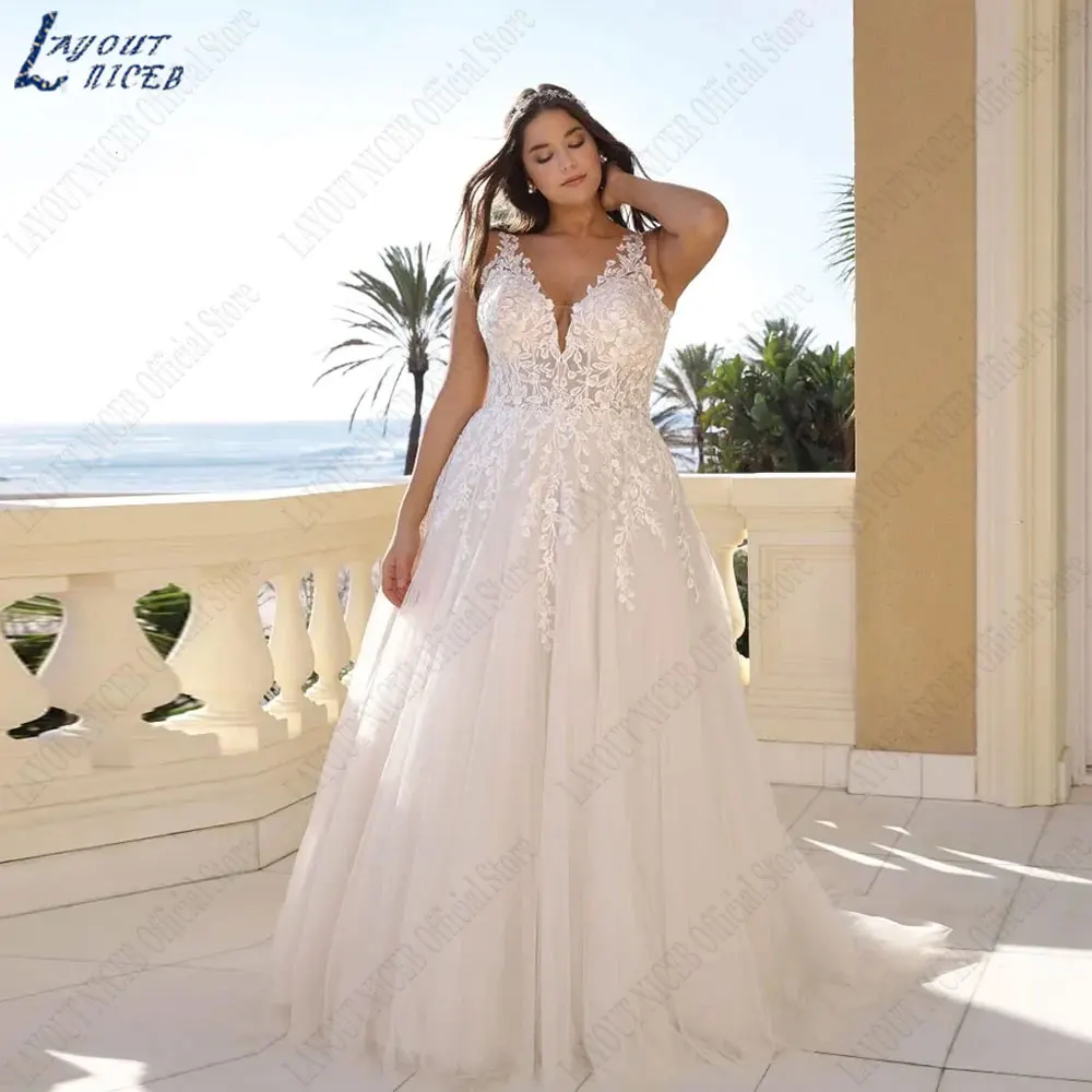 LAYOUT NICEB Spaghetti Straps Plus Size Wedding Dresses 2024 Sleeveless Backless Tulle Birde Gowns V-Neck Tulle свадебное платье 3
