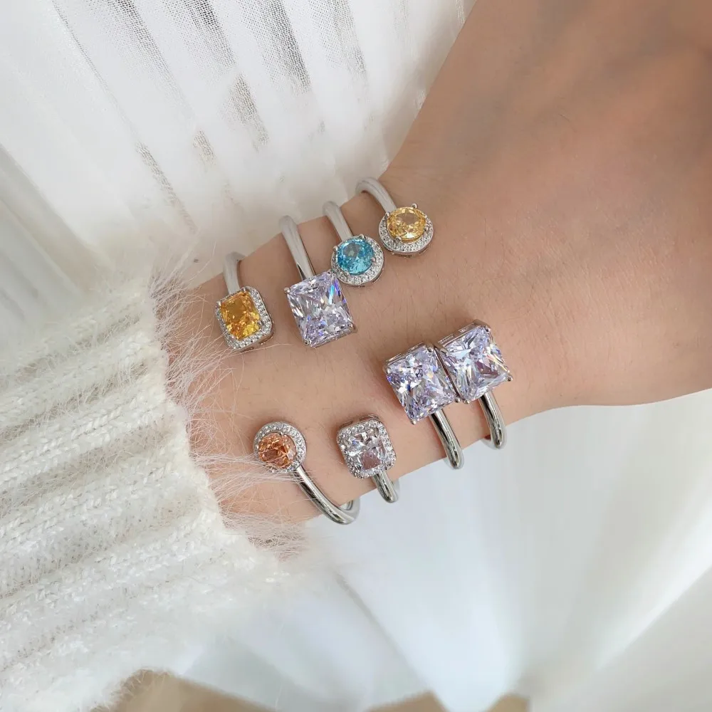 

S925 new 8A color sugar zircon luxury high-end cuff bracelet for women sparkling women's square opening bangle