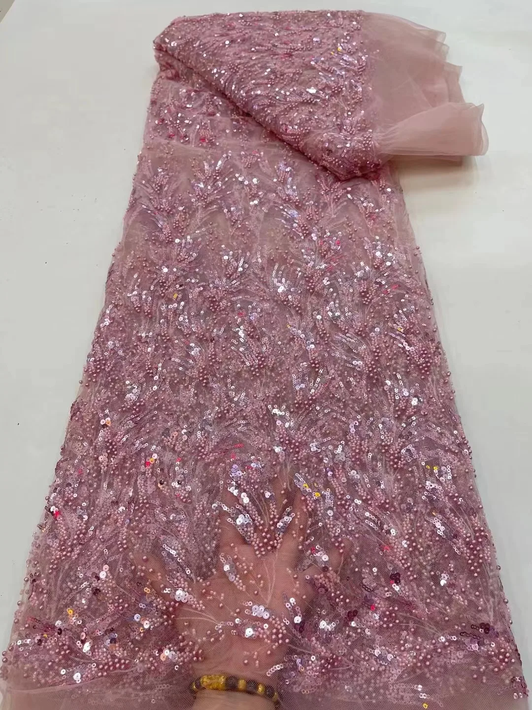 Luxury Pink French Tulle Net Sequins Lace Fabric African Lace Fabric 5 Yards For Nigeria Wedding Party Dress