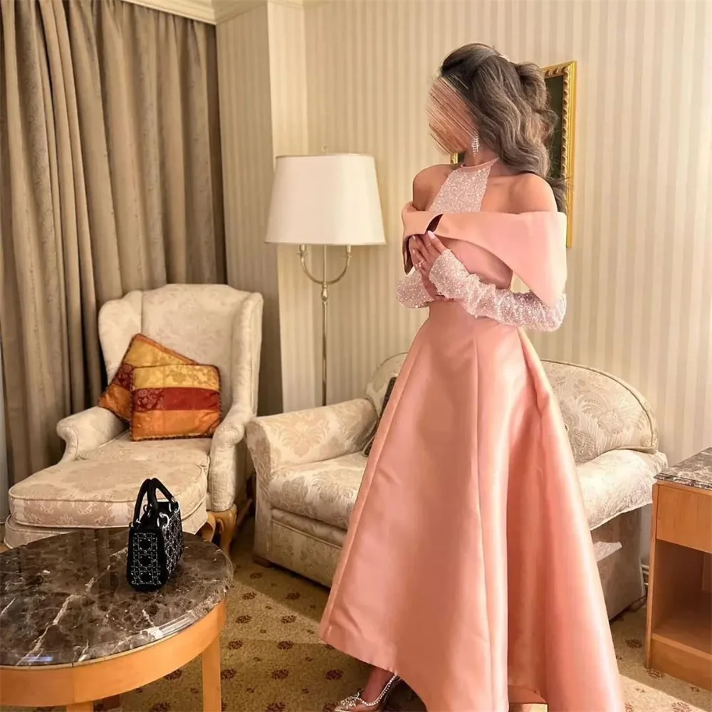 

GORGA Luxury Off The Shoulder Full Sleeve Crystal A Line Long Evening Dress Floor Length Sweep Train Fashion Formal Prom Gown