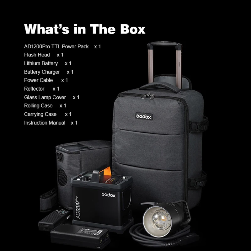 Godox-AD1200Pro AD1200 프로 1200Ws 플래시 2.4G TTL 1/8000 HSS 40W 모델링 라이트, 야외 플래시 스트로브 모노라이트 배터리 전원