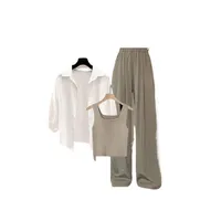 2026 Summer New Fashion Tracksuit Matching Set Women's Elegant White Sunscreen Shirt+Vest+Casual Wide Leg Pants 3-Piece Suit - Image 5