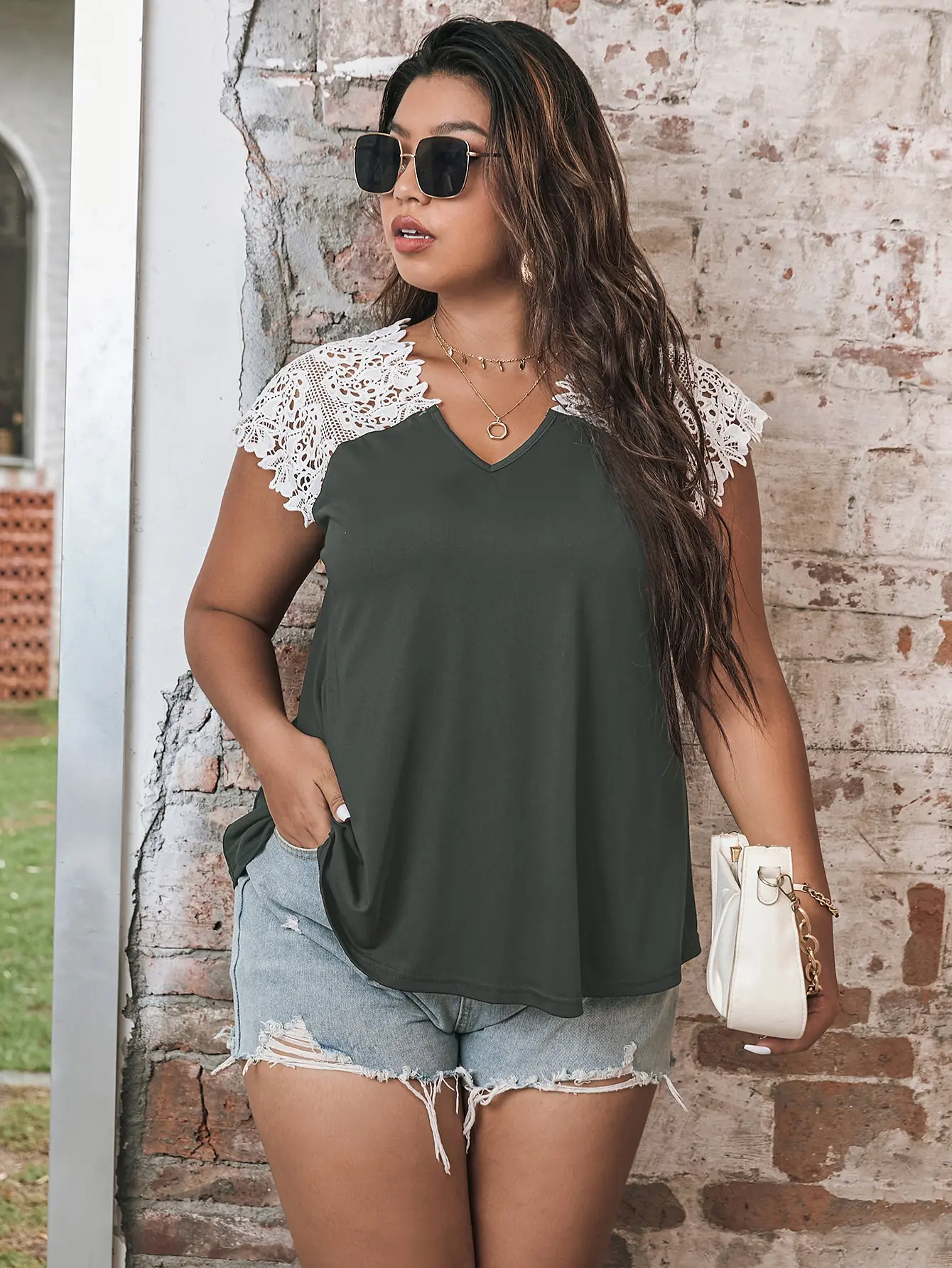 Finjani Women's T-shirts Plus Size Grey Loose Tee 2022 Breathable Lace Sleeve Top Blouses