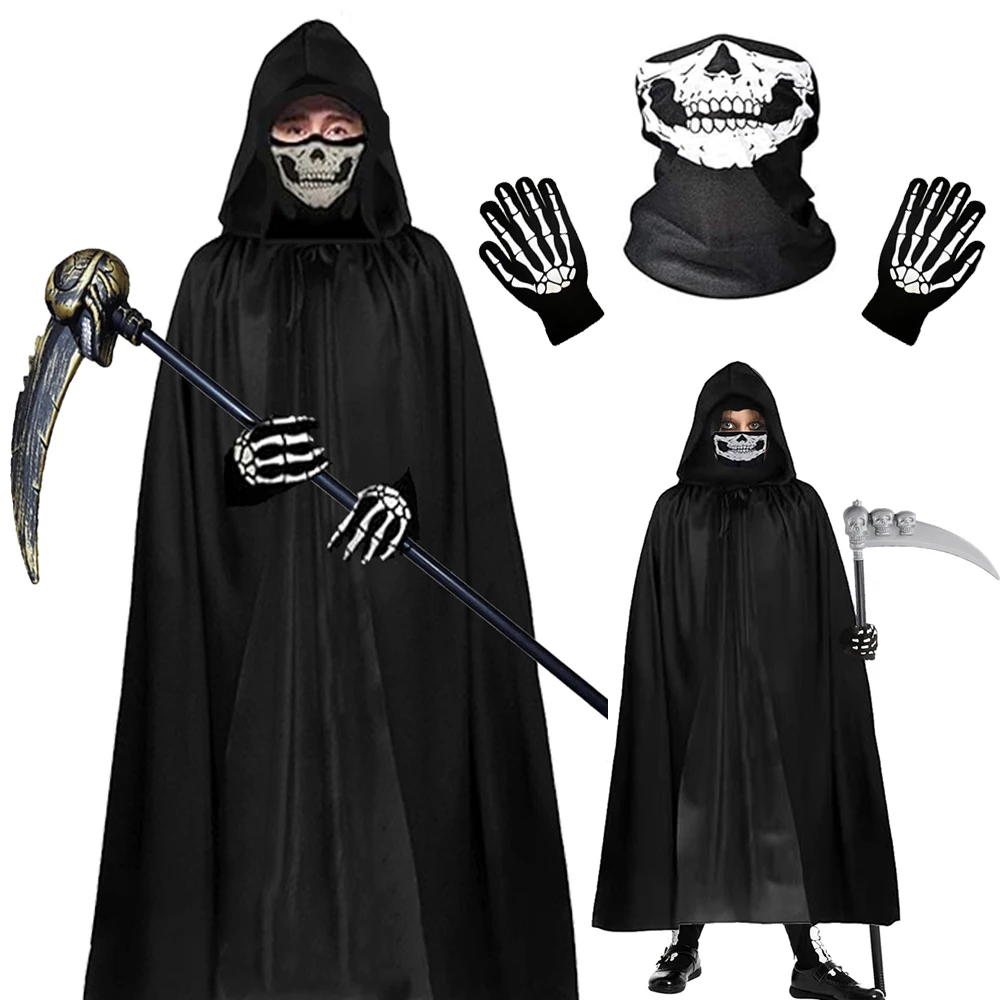 Costume Halloween Bambino Adulto 1 Set con Mantello con Cappuccio 140 cm Maschera Teschio Guanti Scheletro e Falce Smontabile Nero per Festa Costume Carnevale Travestimento