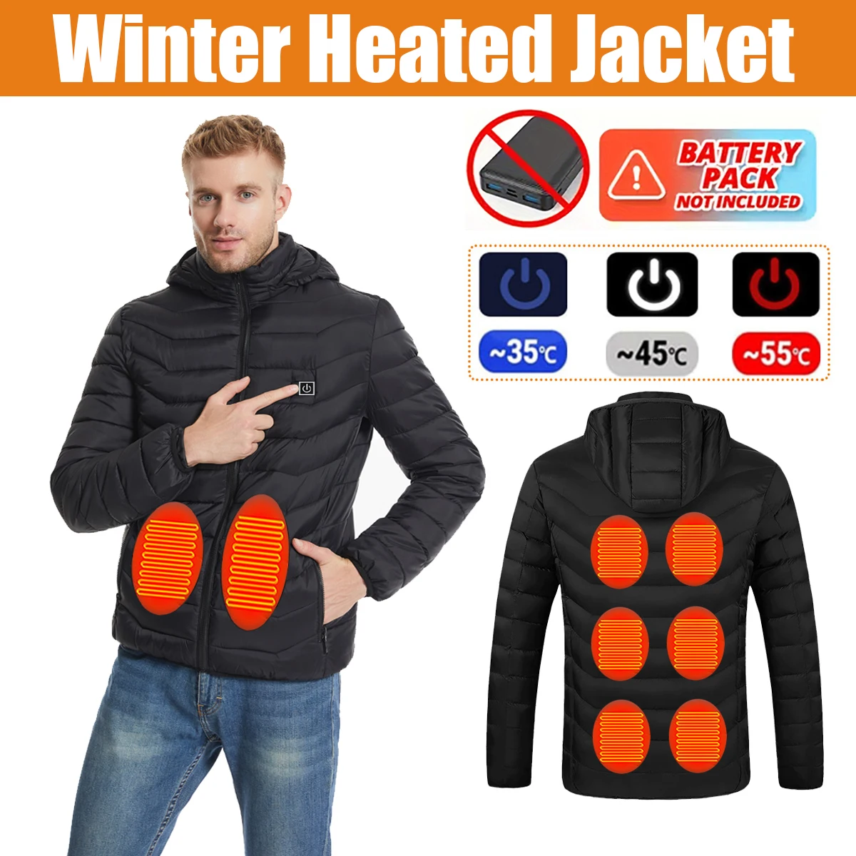 Smart Heated Jacket, Men's and Women's Winter Warm Jacket, USB Electric Heated Jacket with 9 Carbon Fiber Heating Pads