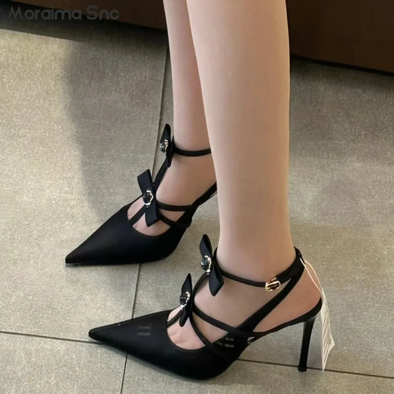 

Double Bow Satin Pumps Pointed Toe Stiletto Heel Cap Toe High Heels Black Ankle Buckle Elegant Fashionable Women's Shoes