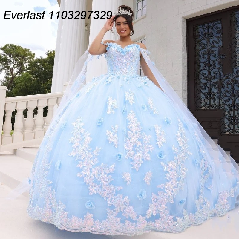 

EVLAST Glitter Blue Quinceanera Dress Ball Gown 3D Floral Lace Applique Beading With Cape Sweet 16 Vestido De 15 Anos TQD611