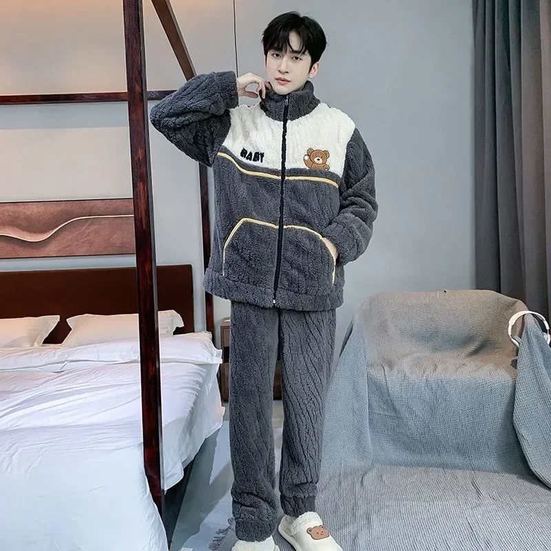 2024 New Men Pajamas Coral Velvet Thick Loungewear Warm Cartoon Student Sleepwear Zipper Flannel Homwear Autumn Nightwear