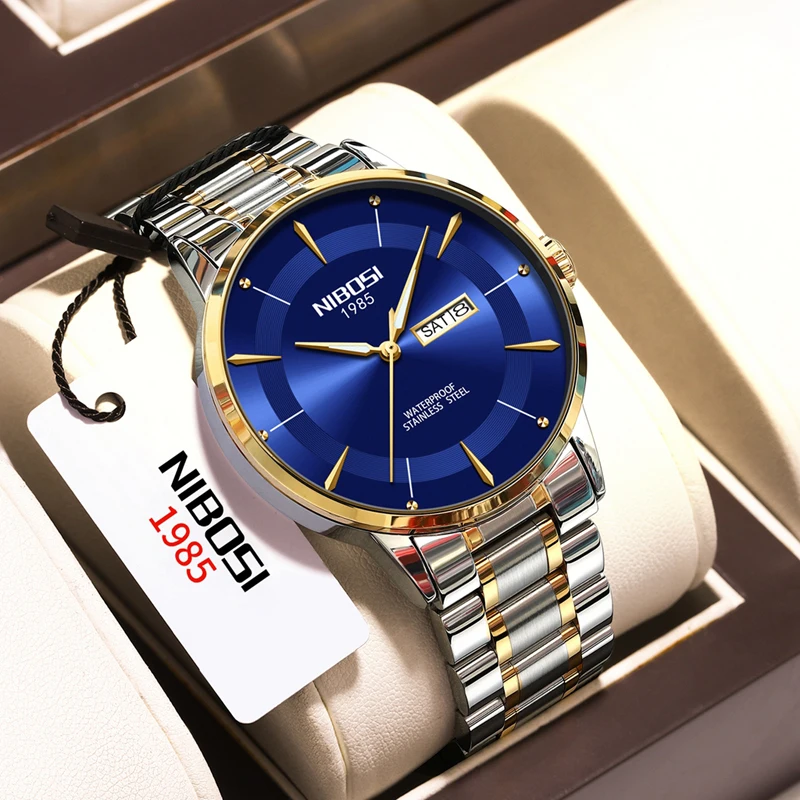 NIBOSI Brand Fashion Blue Quartz Watch for Men Stainless Steel Sport Waterproof Week Date Business Men Watches Relogio Masculino