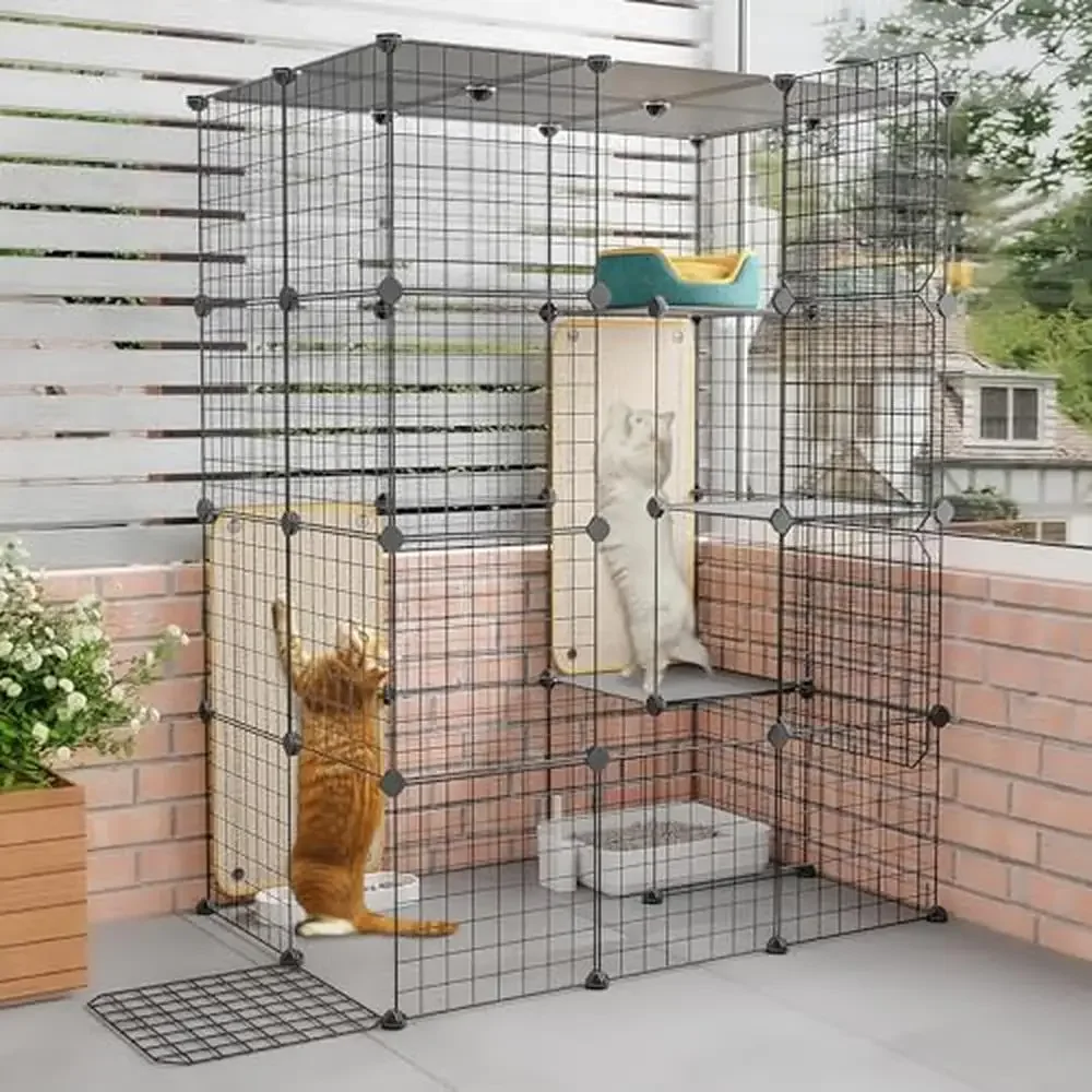 Large 4-Tier Metal Cat Cage with Scratch Blanket Modular Cat Enclosures Indoor Playpen Detachable Wire Kennel Crate Exercise