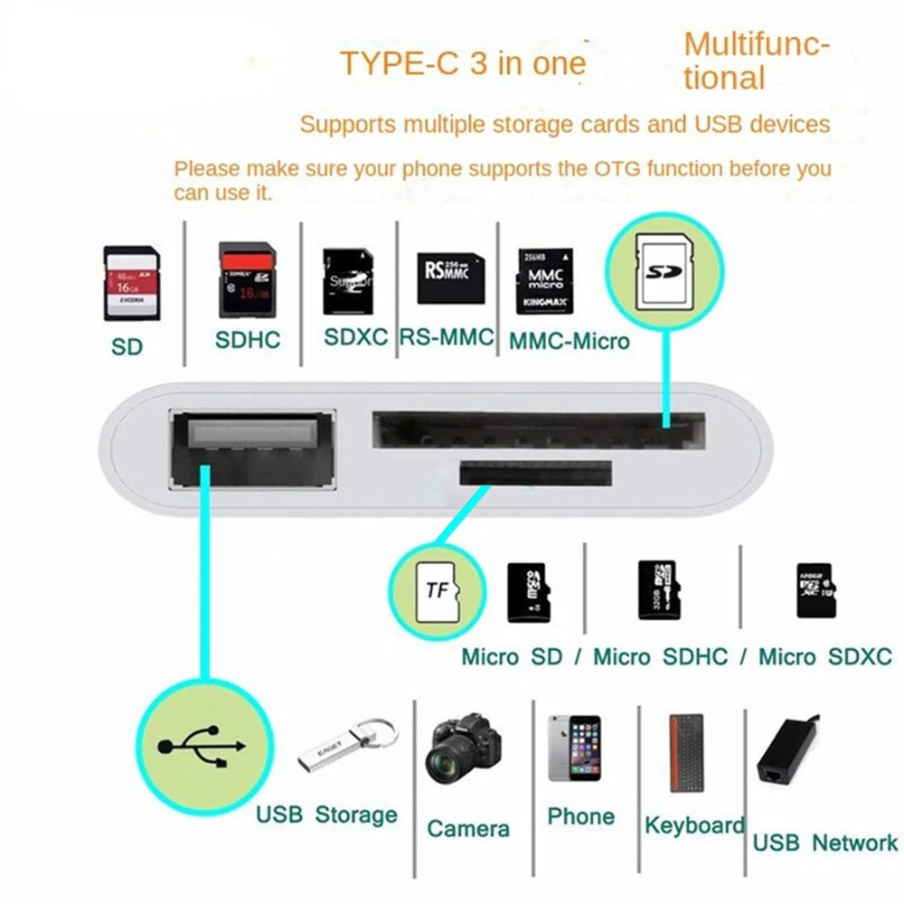 3 in 1 USB 허브 어댑터 타입 C 멀티 포트 TF CF SD 메모리 카드 리더 USB 컨버터 어댑터 (휴대폰, 맥북, 화웨이, 삼성, 오포용)