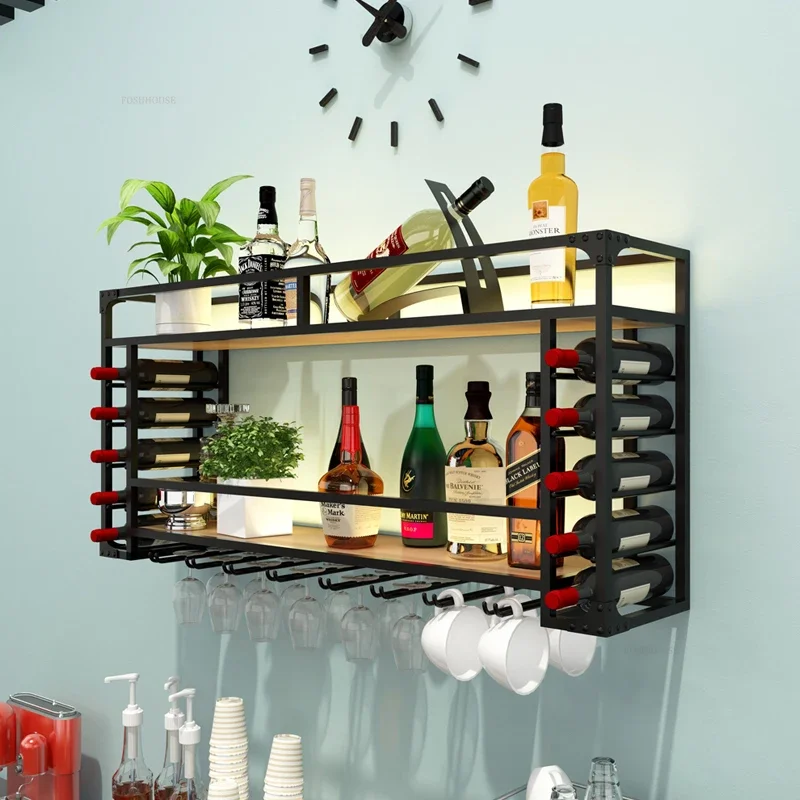 Simple Iron Wine Cabinets Home Wall-mounted Bar Cabinets Rack Creative Restaurant Decoration Wine Glass with Light Bar Furniture