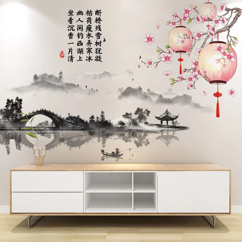 Chinese Tv Achtergrond Muur Decoratie Zelfklevend Behang Landschap Lantaarn Decoratieve Schilderkunst Muurstickers Inkt Schilderij